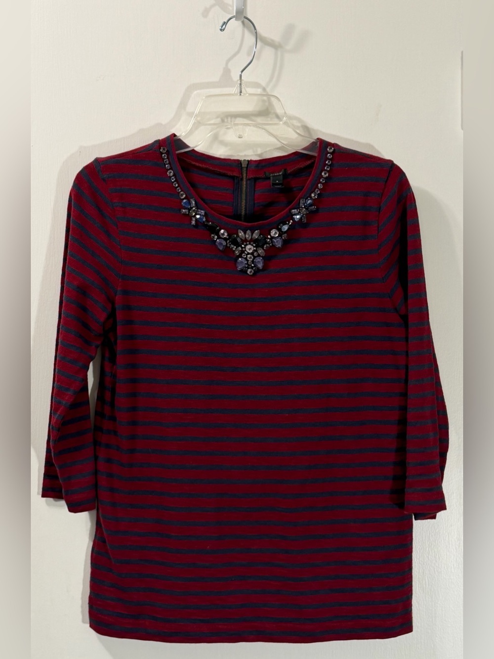 J. Crew Burgundy and Navy Striped Long-Sleeve Top with Jeweled Neckline